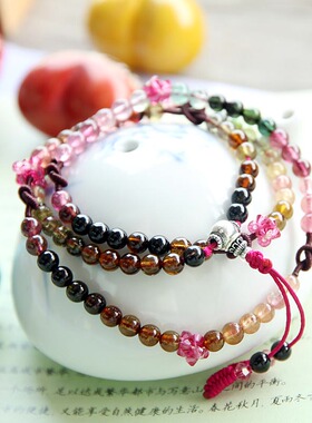 原创3圈4mm天然碧玺+粉水晶泰银路路通手链 情人节女礼物