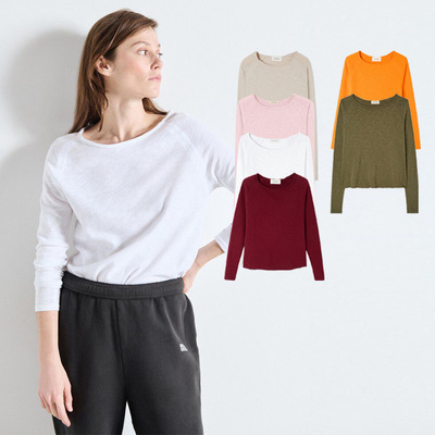 Americ@n Vintage25秋竹节棉大圆领简约通勤百搭宽松长袖打底衫女