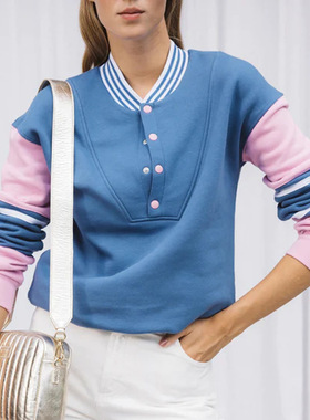 法式25春季拼接圆领套头运动棒球衫毛圈女装宽松撞色长袖卫衣