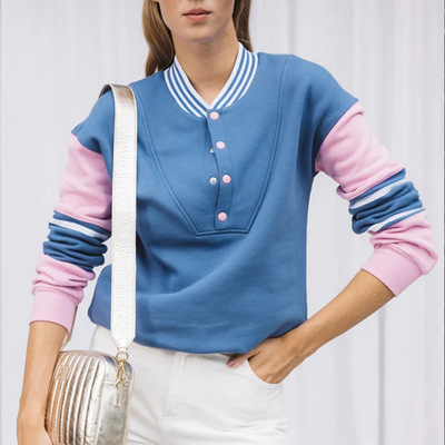 法式25春季拼接圆领套头运动棒球