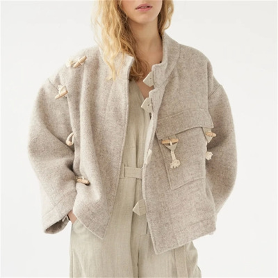 法式25春冬新款复古休闲大衣短款气质女式牛角扣毛呢夹克外套