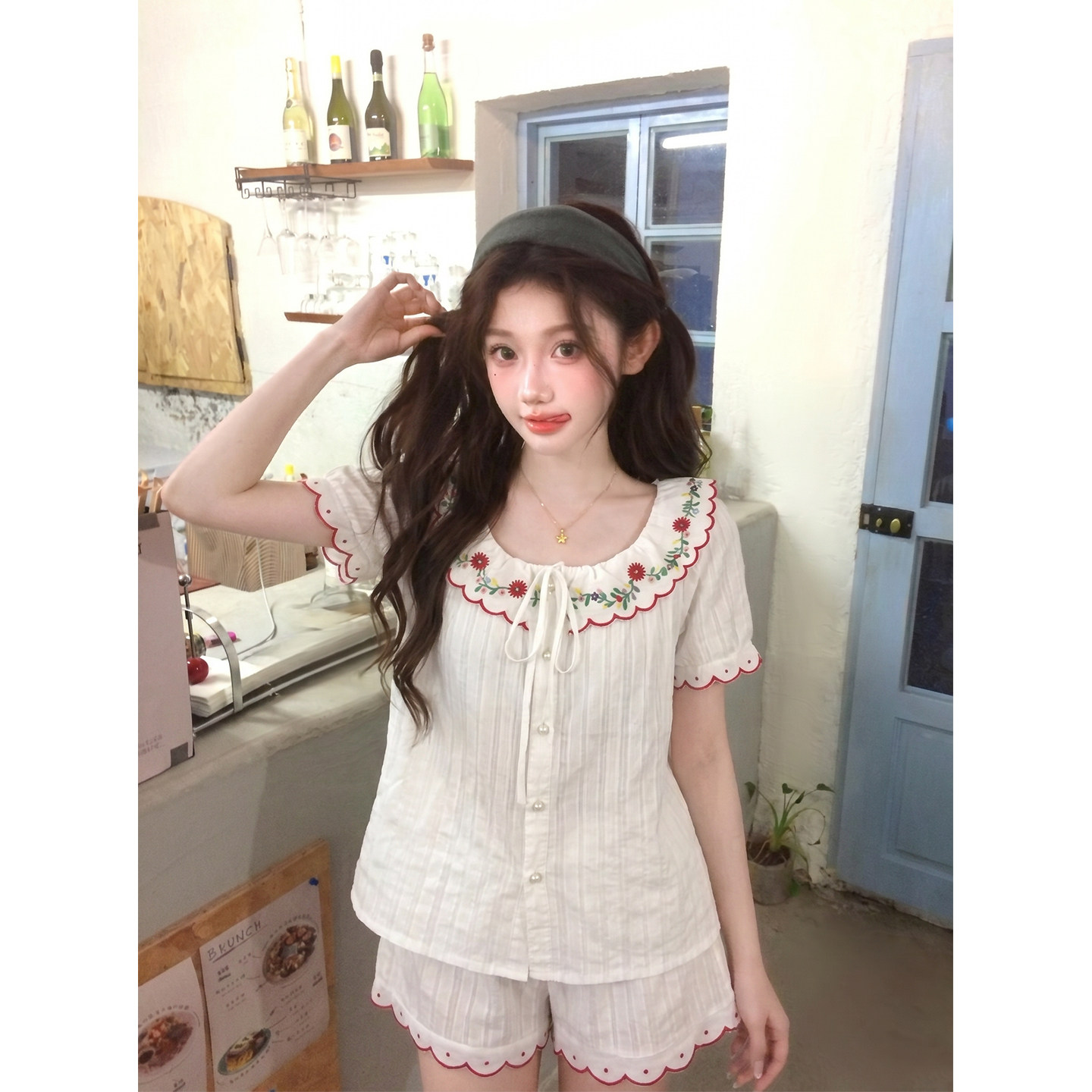 韩系甜美风刺绣花卉睡衣女夏季舒适荷叶领短袖家居服两件套可外穿