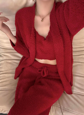高级感酒红色半边绒睡衣女冬季开衫背心长裤本命年家居服三件套装