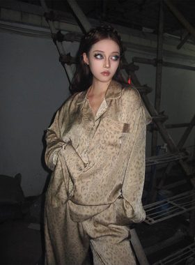 Maddy 韩版高级豹纹印花缎面冰丝睡衣女春秋款休闲家居服套装外穿