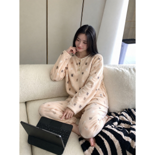 韩系甜美兔子珊瑚绒睡衣女秋冬2026新款加厚松弛感大码家居服套装