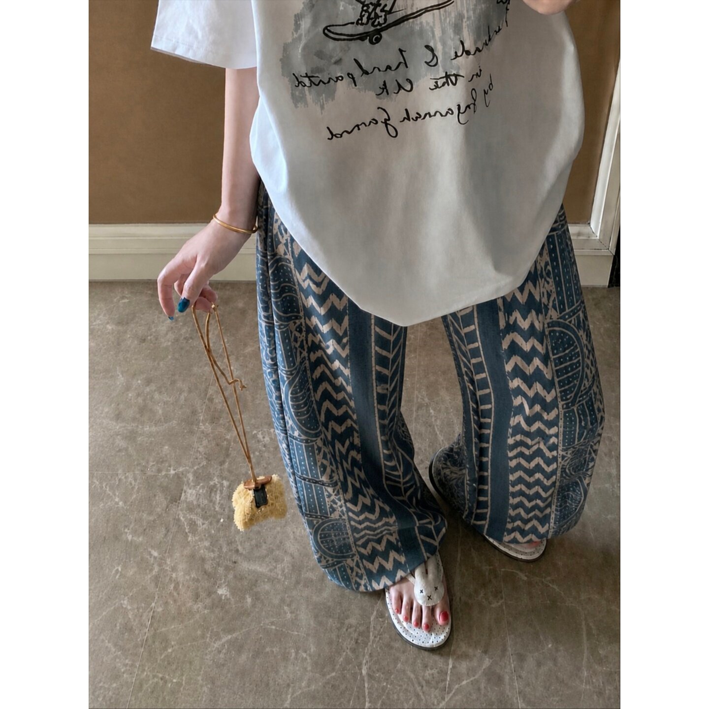 民族风蓝色印花睡裤女早秋休闲松紧高腰阔腿透气大码可外穿居家裤