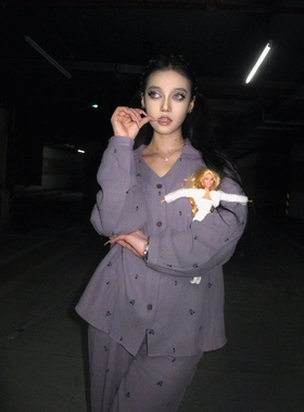 Maddy 紫色碎花双层棉纱睡衣女春秋款大码可外穿长袖长裤家居服夏