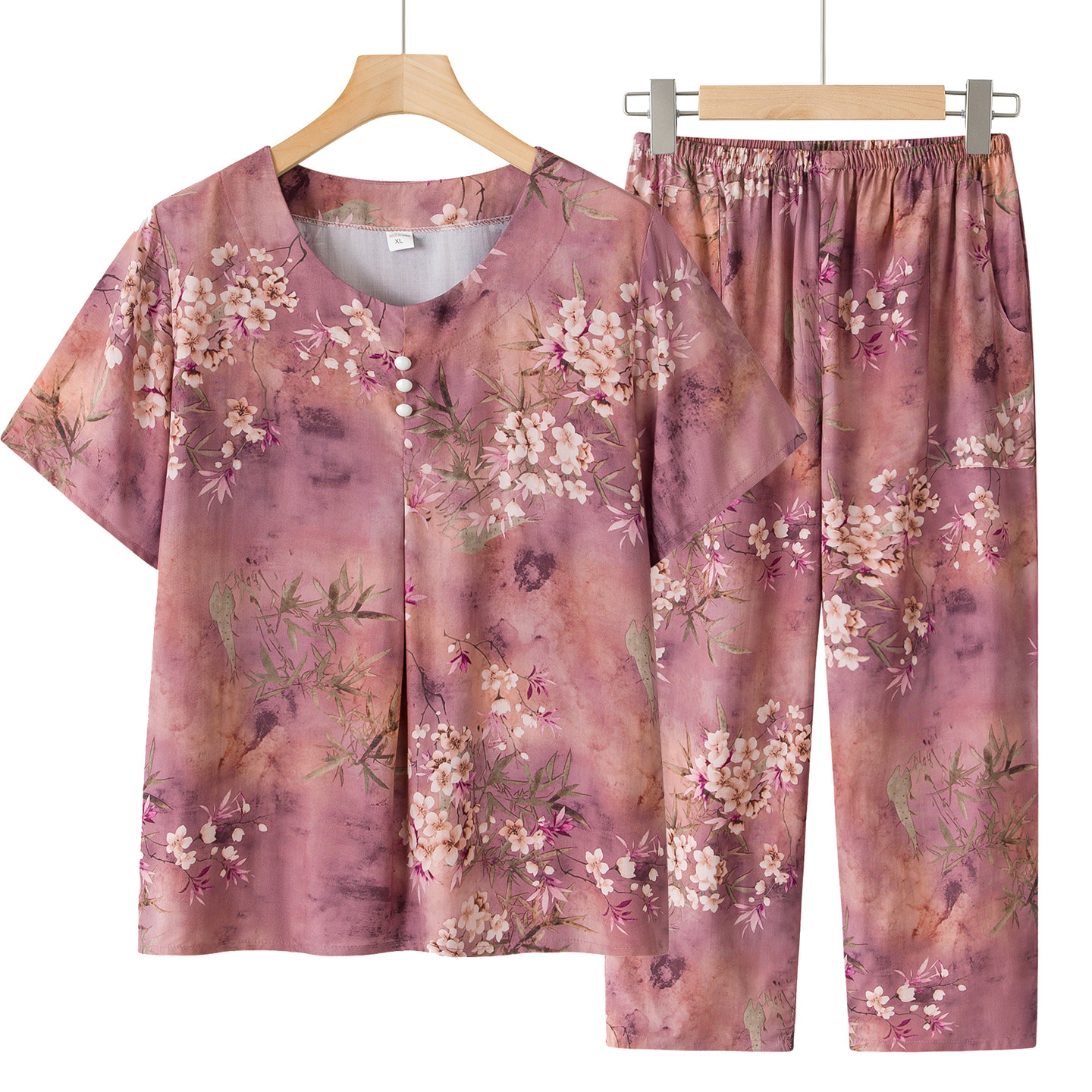 套头套装老年人夏装女棉绸妈妈T恤上衣七分裤两件套奶奶太太衣服