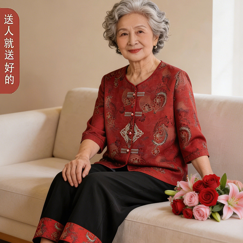 轻凉透气!老年人夏装女中袖套装