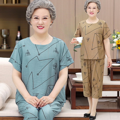 纯棉中老年人夏装女短袖套装