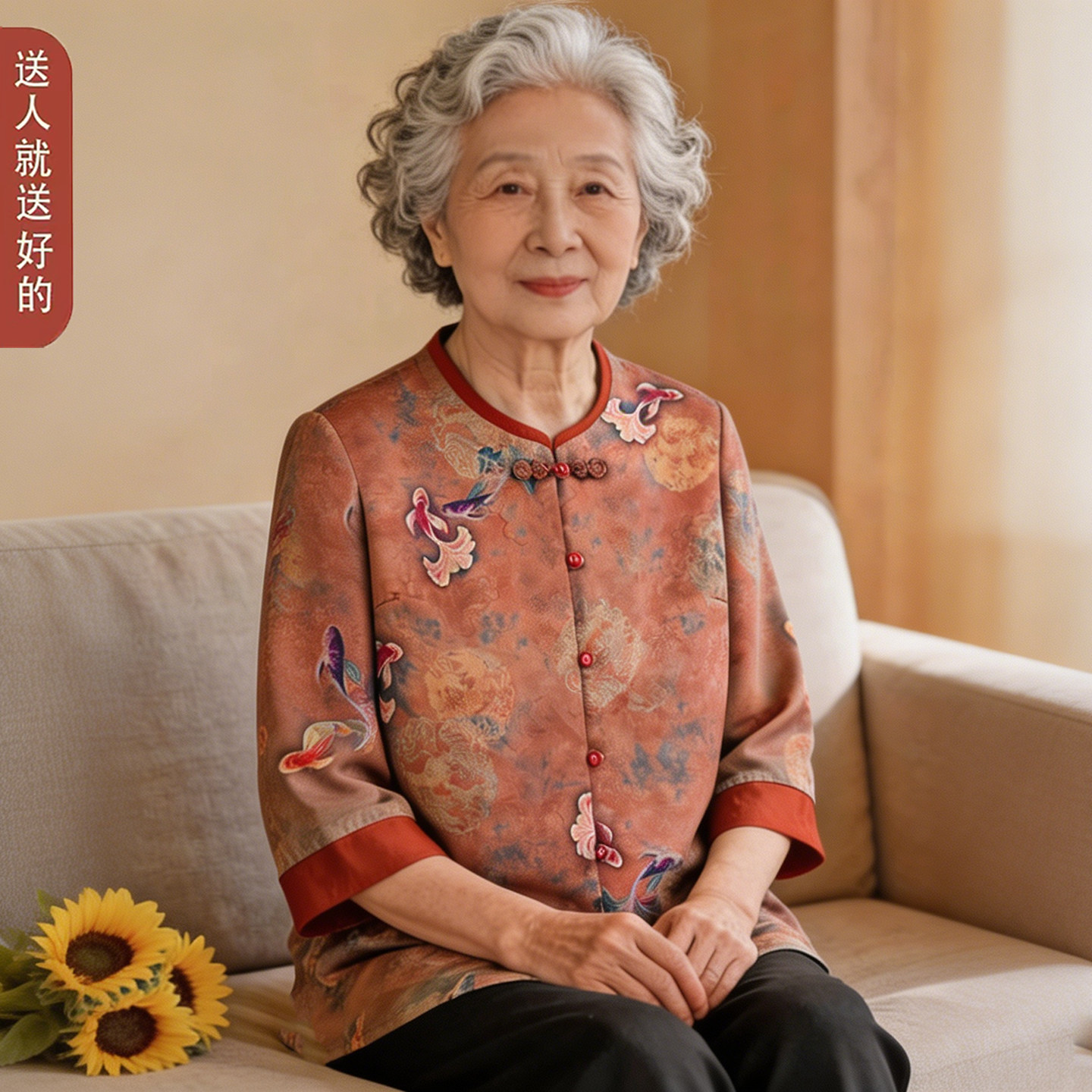 老年人中国风七分袖印花衬衫