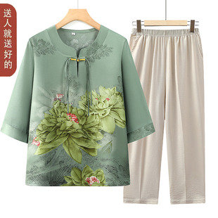 妈妈两件套夏装2025新款中老年奶奶夏装上衣女装国风套头老人衣服