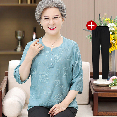 中老年人夏装女纯棉t恤中袖套装