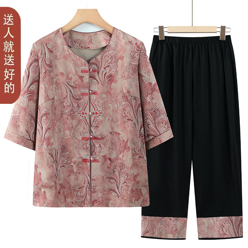 奶奶夏装套装女中老年人春装大码中袖衬衫老人太太衣服休闲妈妈装