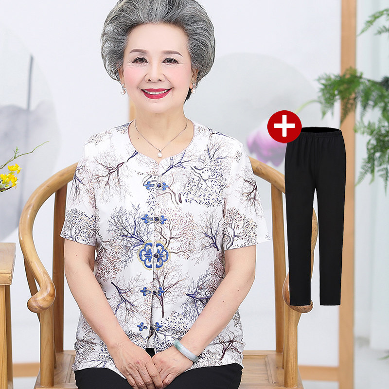 凉爽冰丝奶奶装夏装套装中老年人女60-70岁长袖妈妈装老人衣服80