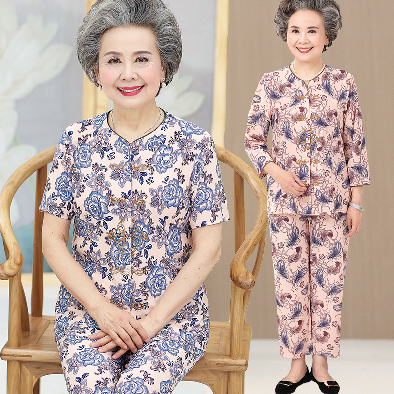 冰丝奶奶夏装套装中老年人妈妈短袖T恤60岁70老人太太夏天衣服女-封面