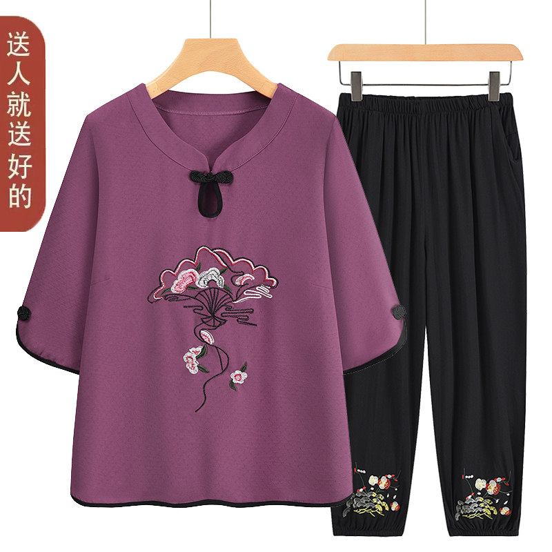 中老年人套装女妈妈装夏季老人奶奶夏装中袖衣服60岁70老太太套头