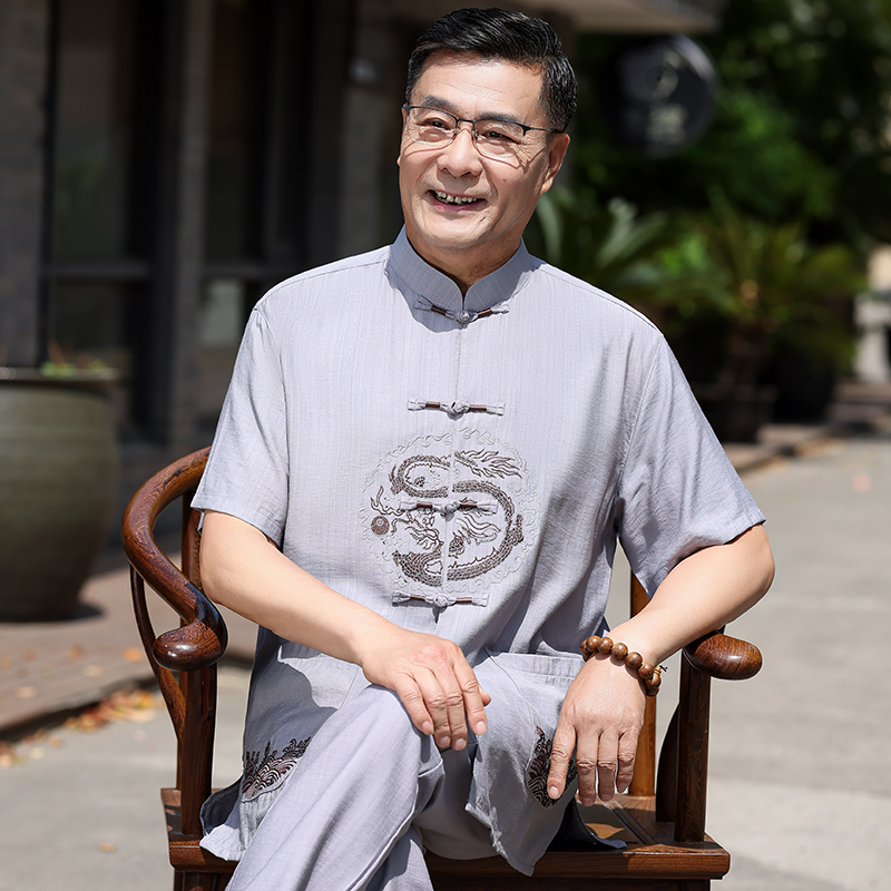 中老年男装父亲装爸爸短袖T恤老人夏装棉麻套装休闲唐装爷爷衣服