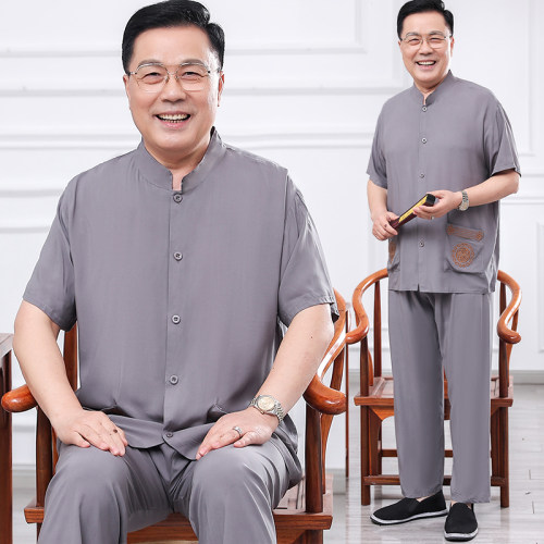 爸爸夏装套装棉绸短袖