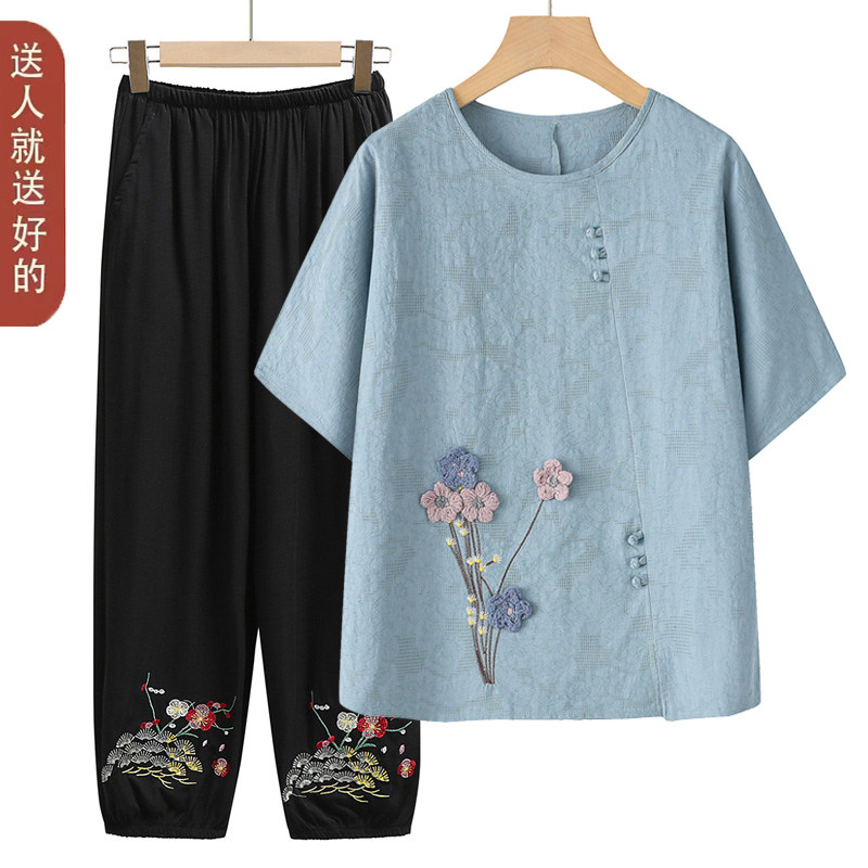 吸汗透气纯棉!老年人夏装两件套
