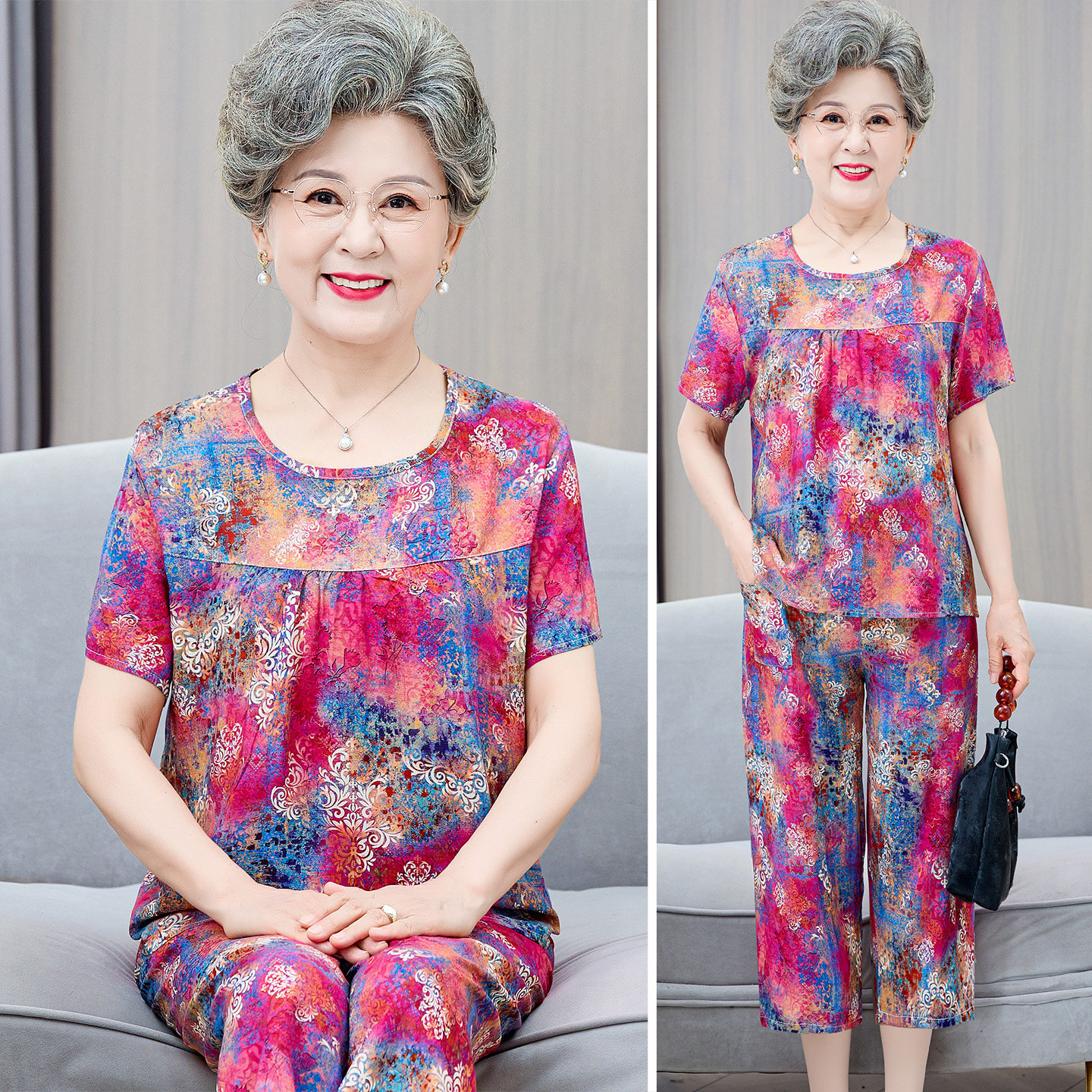 中老年妈妈短袖棉绸套装套头两件套60-7080岁奶奶装老人夏季衣服