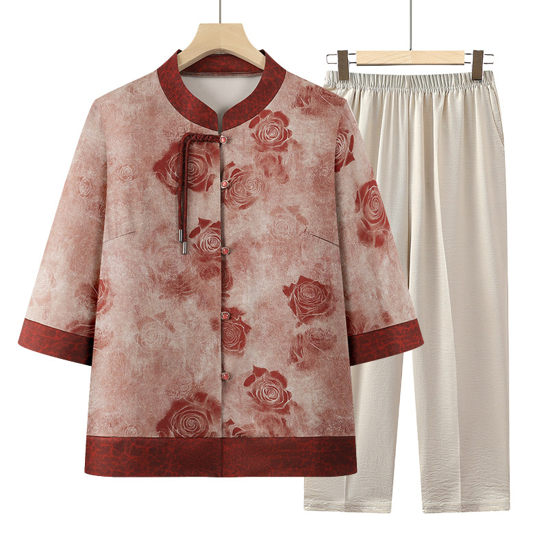 妈妈夏装2025新款洋气时尚中袖冰丝奶奶装中老年女薄款老人衣服夏