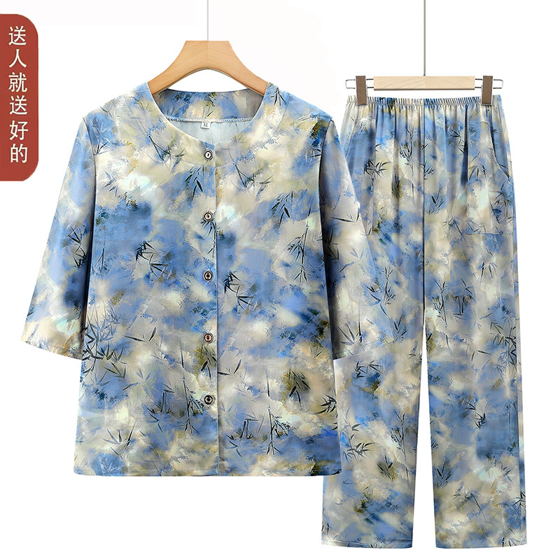 老年人夏装女棉绸套装妈妈开衫两件套70岁奶奶装夏季宽松老人衣服