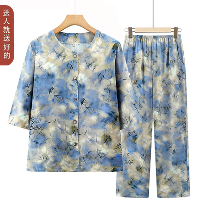老年人夏装女棉绸套装妈妈开衫两件套70岁奶奶装夏季宽松老人衣服