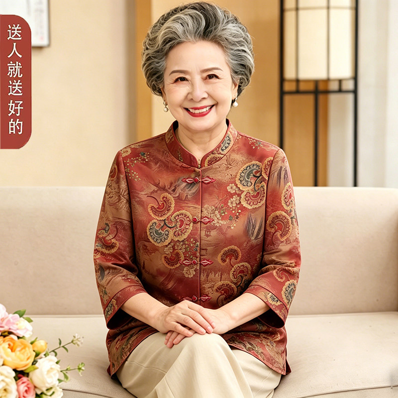 中老年女装中袖衬衫妈妈薄衬衣老人奶奶套装雪纺小衫上衣老人夏装