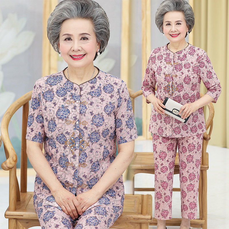 超薄透气冰丝老年人夏装女妈妈老人衣服太太奶奶装短袖套装60岁70_虎窝淘