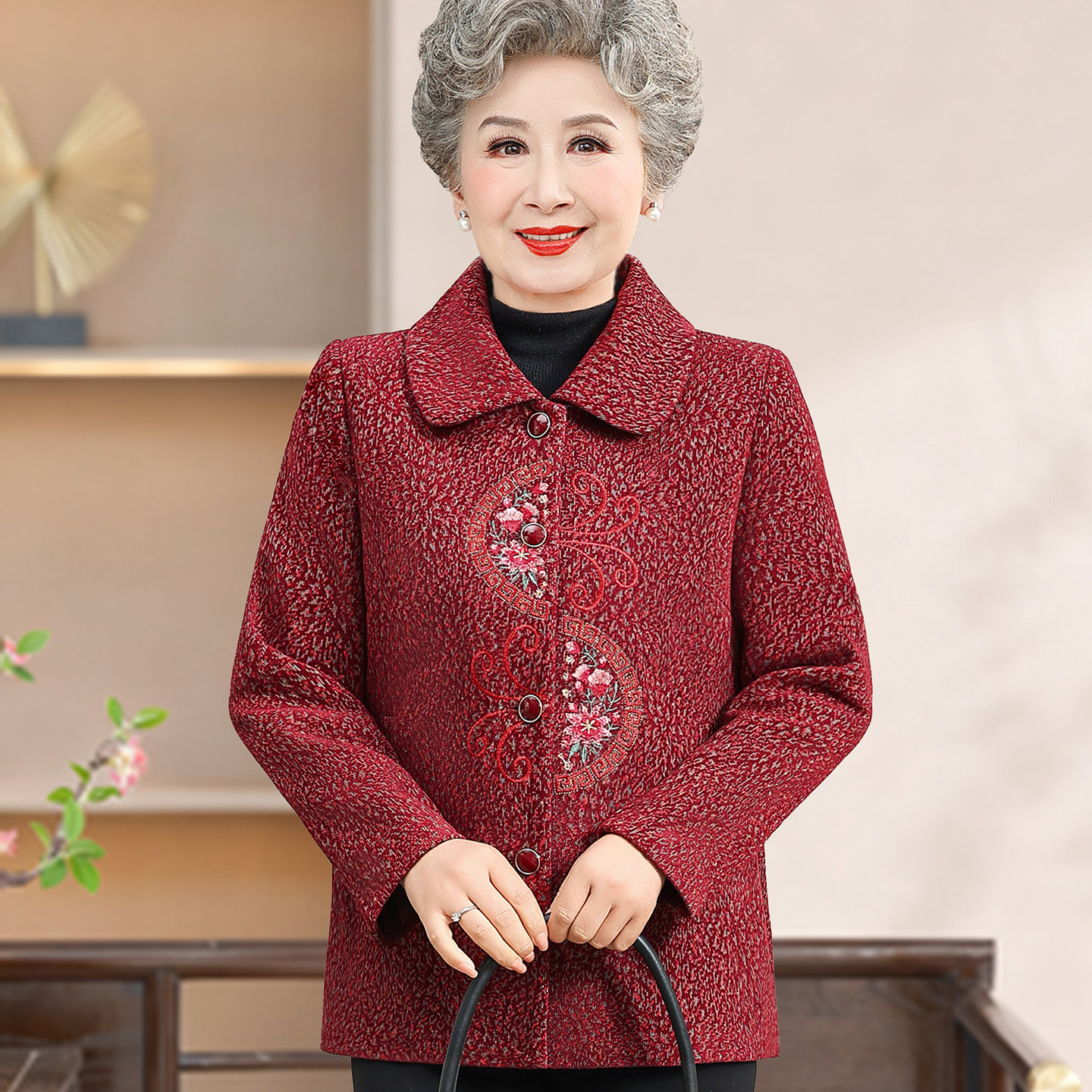 老年人秋装女外套妈妈装奶奶装春装国风唐装立领上衣春秋季老太太