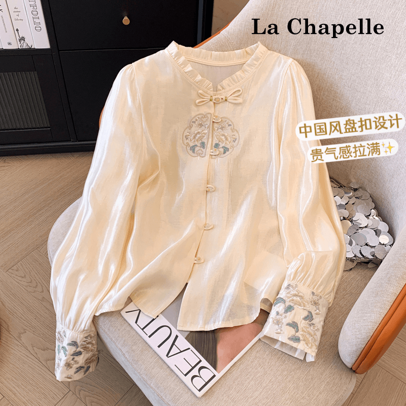 拉夏贝尔新中式国风刺绣衬衫女2025春秋季设计感复古盘扣小衫上衣