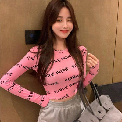 长袖t恤打底衫2022年女装新款初早春黑色修身印花短款紧身上衣服