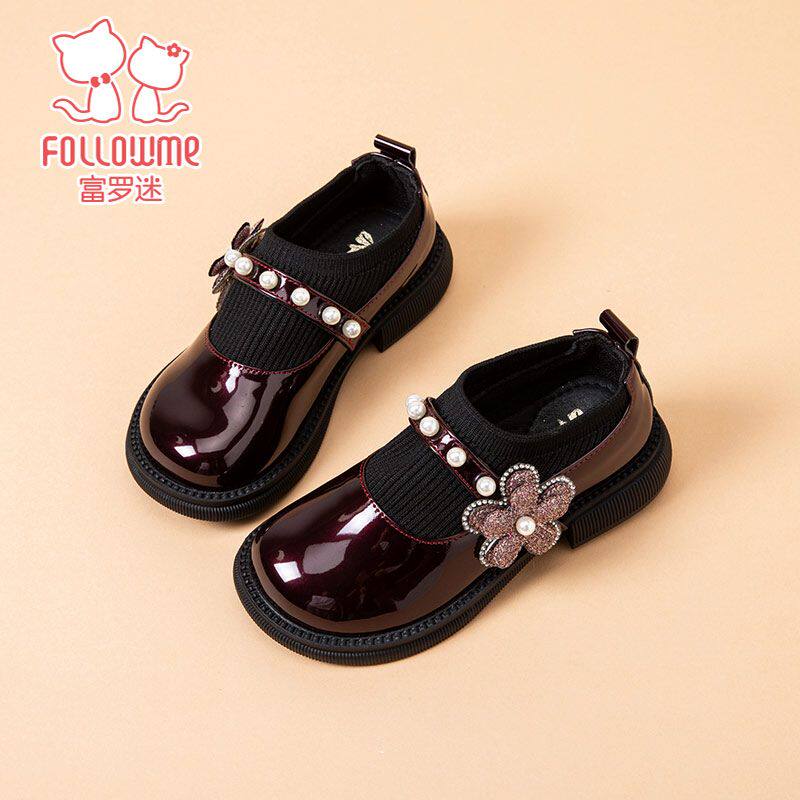 富罗迷女童皮鞋黑色单鞋2024新款春秋小女孩软底水晶鞋儿童公主鞋