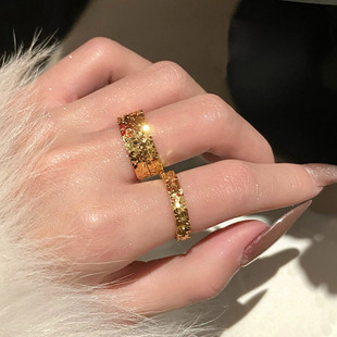 爆闪！不掉色S925纯银碎冰冰金色戒指素圈古法高级质感轻奢简约女