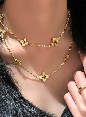 重工！菱花毛衣链手链四叶草中古拉丝项链轻奢高级质感