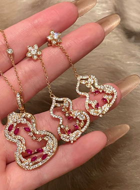 镂空葫芦花藤满钻葫芦项链耳环925银针新中式毛衣链小众轻奢高级