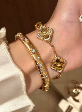 重工久不掉色！布契拉丝手镯虎眼石手链手镯四叶草中古新中式潮