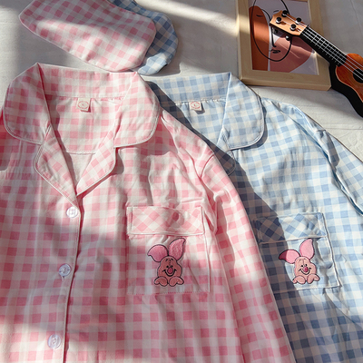 女款纯棉ins风格子可爱小猪睡衣