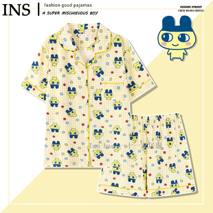 纯棉拓麻歌子睡衣女款夏季短袖黄色格子麻美吉家居服韩版网红爆款