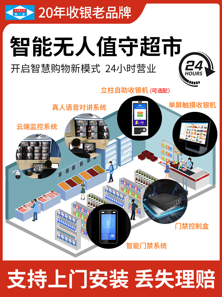 爱宝无人超市便利店设备24小时自助购物云值守收银系统智能售货商