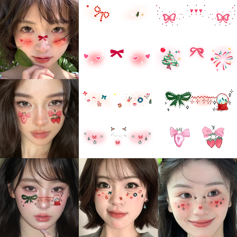 圣诞节妆容脸贴纹身贴 甜心少女氛围感蝴蝶结卡通腮红妆 COS派对