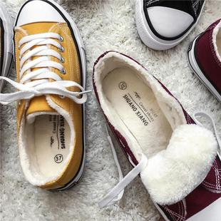 冬季加绒帆布鞋女保暖酒红色低帮大棉鞋黑色姜黄色平底情侣款男鞋