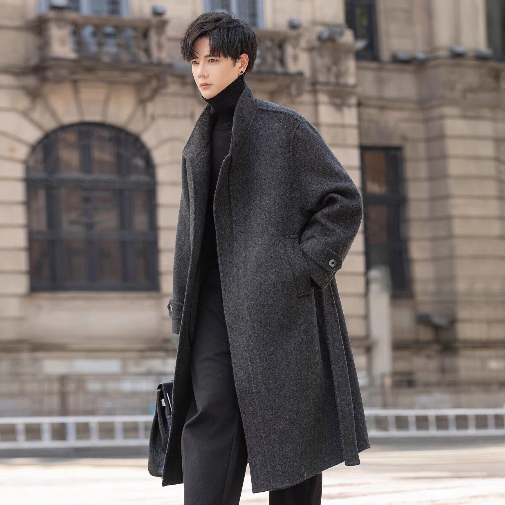 立领羊毛呢子大衣男士2025新款双面绒中长款宽松风衣过膝妮子外套