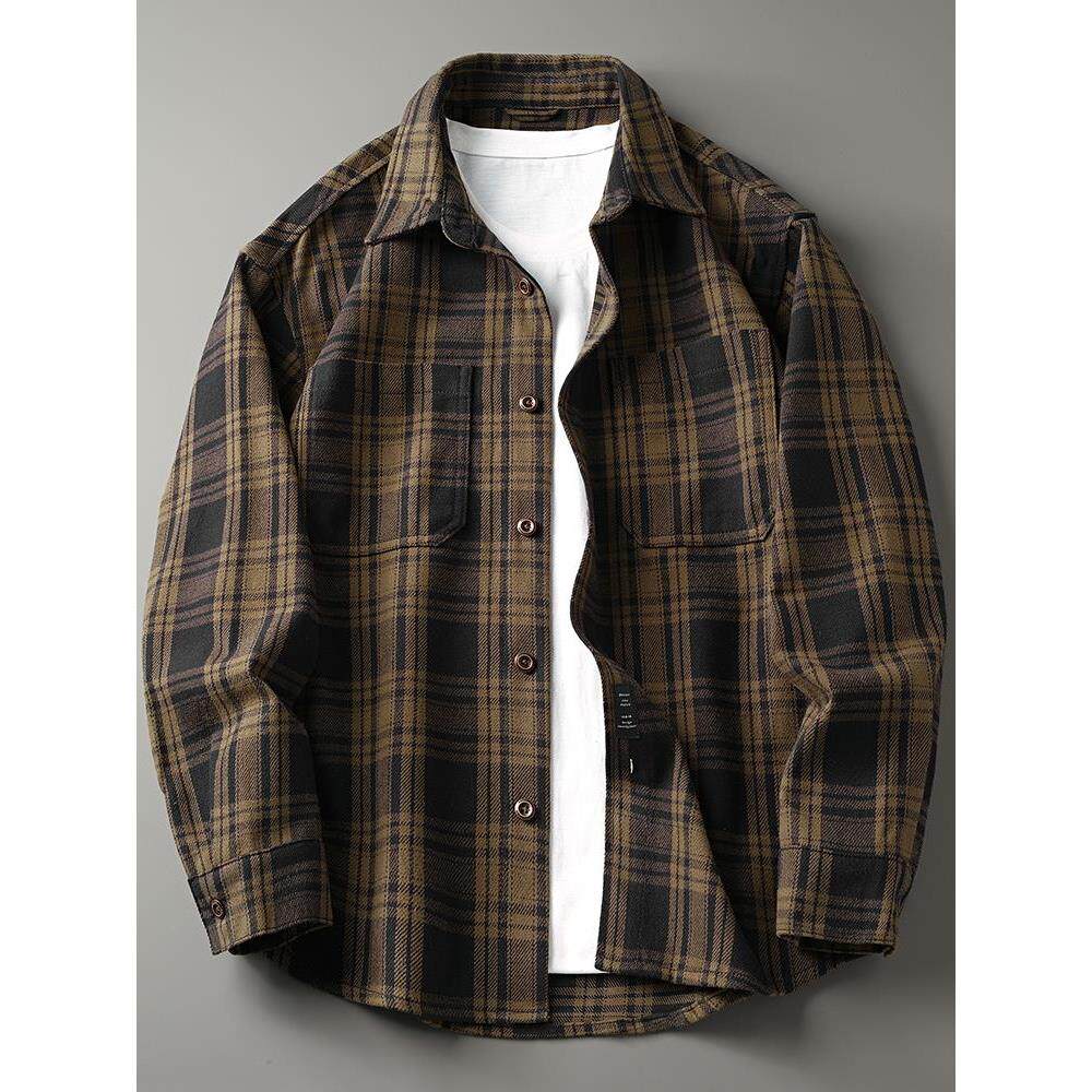 点霸日系复古格子衬衫男女春秋重磅加厚宽松大码纯棉长袖衬衣外套