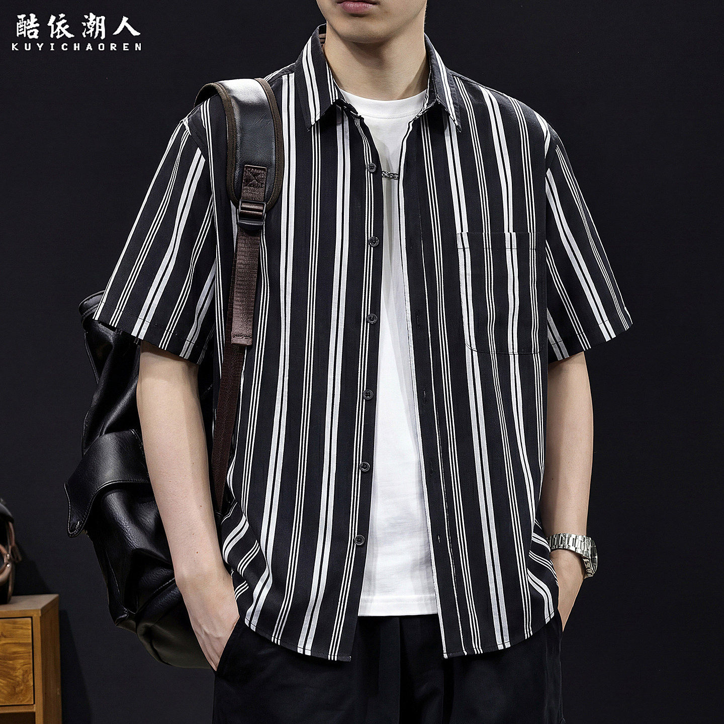 美式条纹短袖衬衫男士2026新款透气亚麻夏季轻薄休闲衬衣外套大码