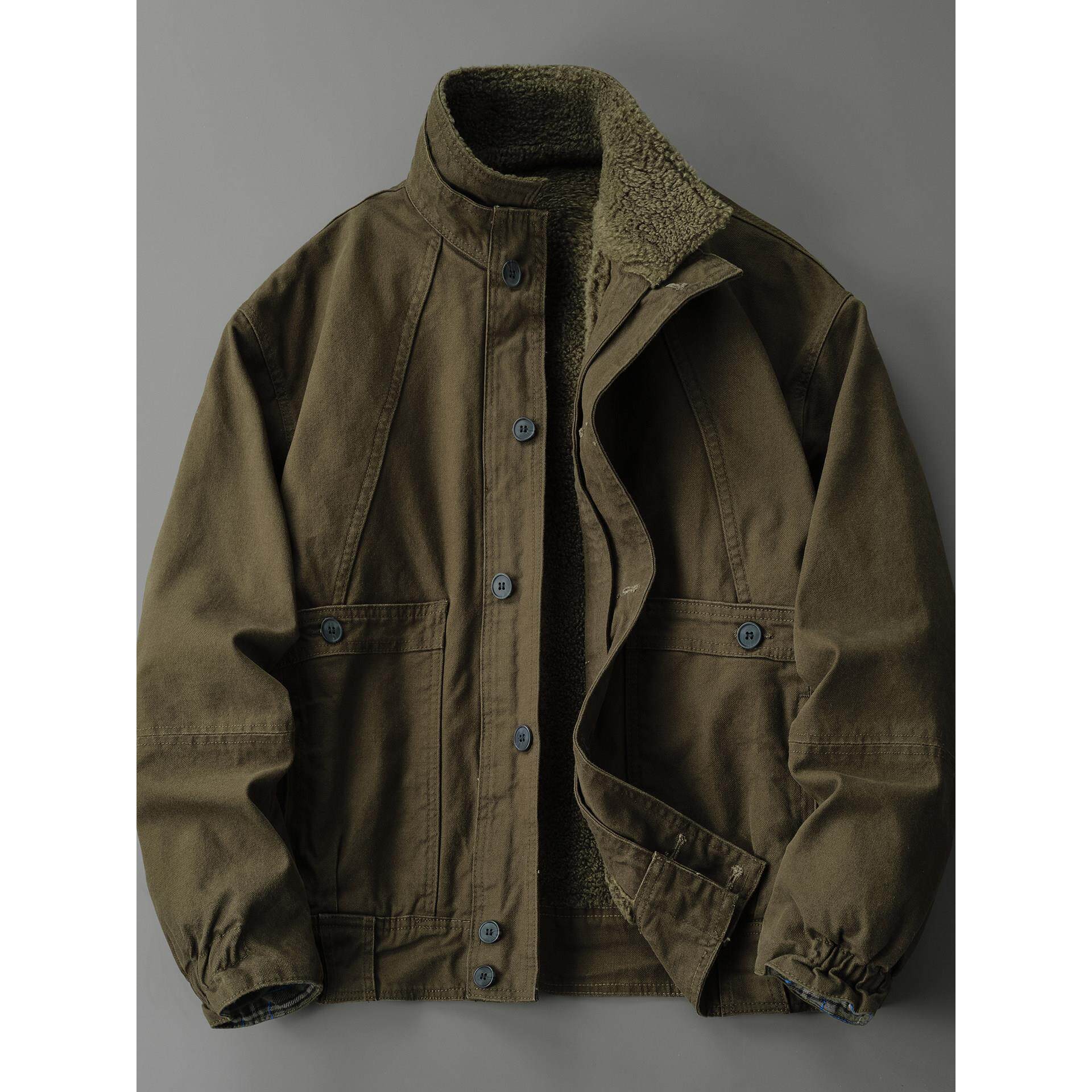 美式立领加绒休闲夹克男冬季复古重磅加厚摇粒绒棉衣棉服工装外套