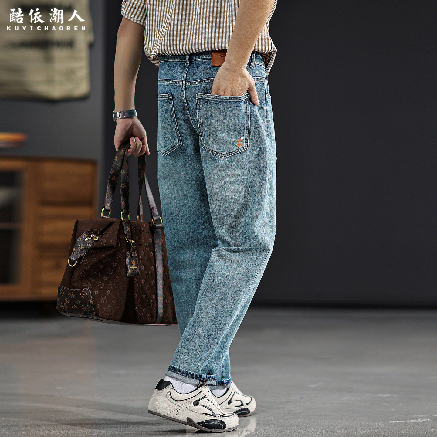 弹力微锥小直筒牛仔裤男2026新款春季怀旧蓝水洗潮流百搭裤子大码