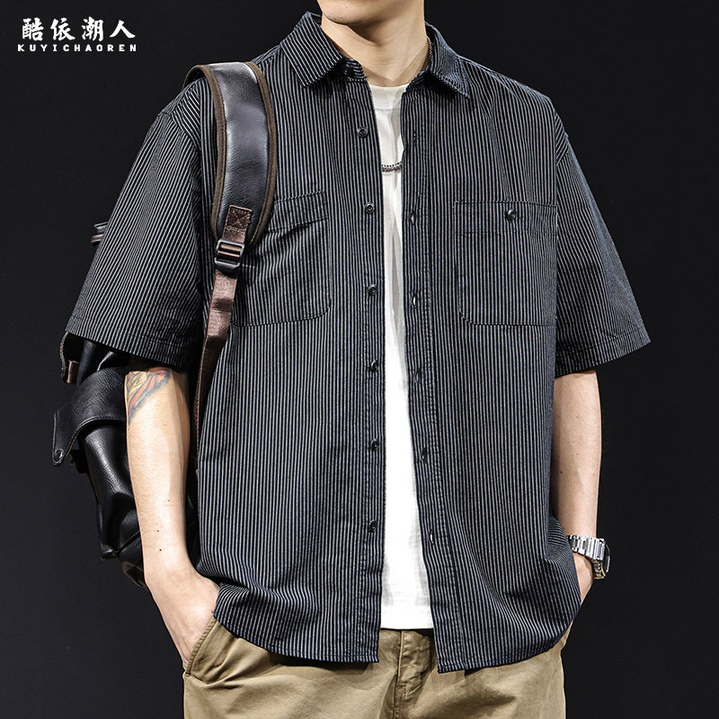 复古条纹衬衫男短袖夏季2026新款休闲衣服潮流百搭高级感大码外穿