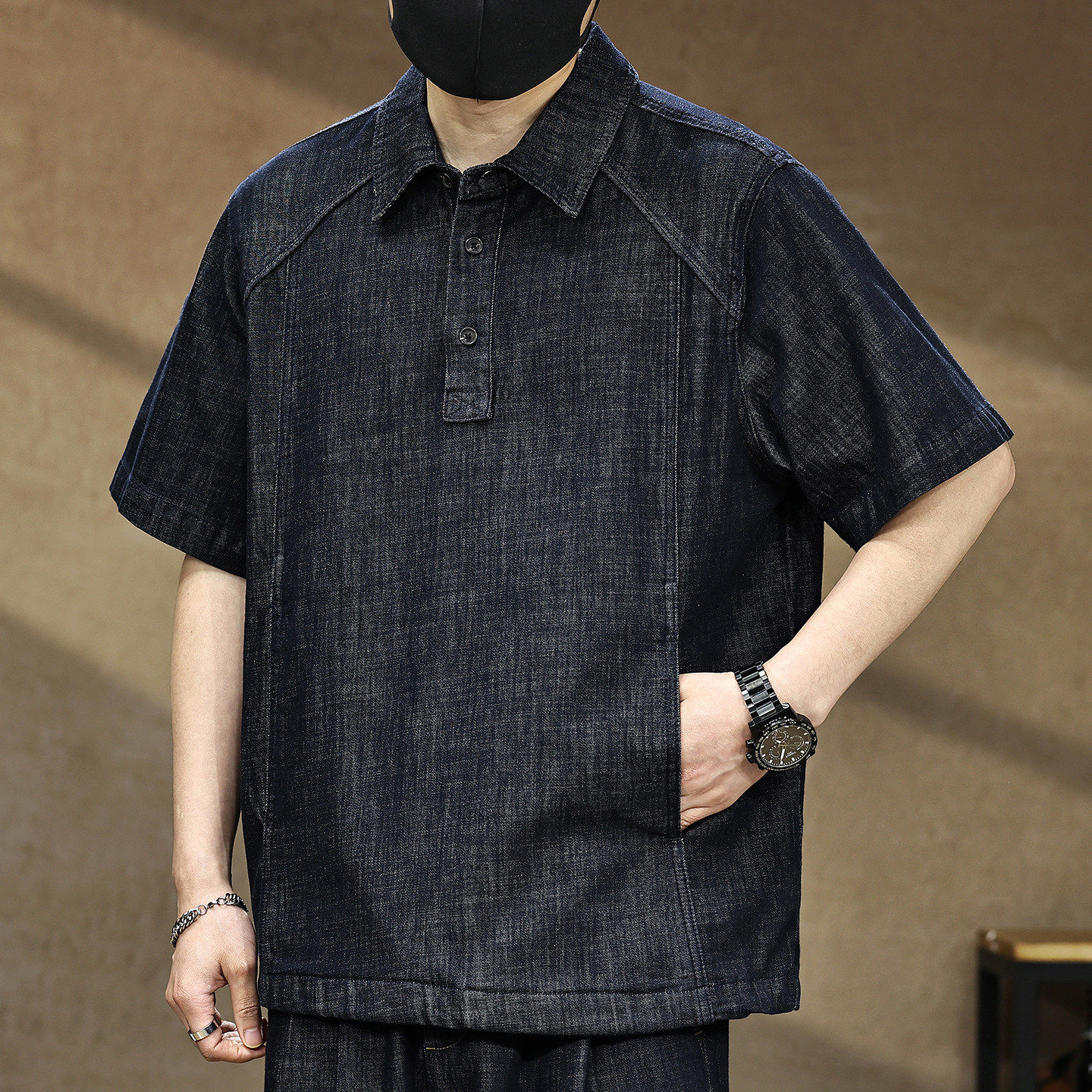 高端莱赛尔亚麻混纺牛仔POLO衫男士夏季新款潮牌宽松大码短袖T恤